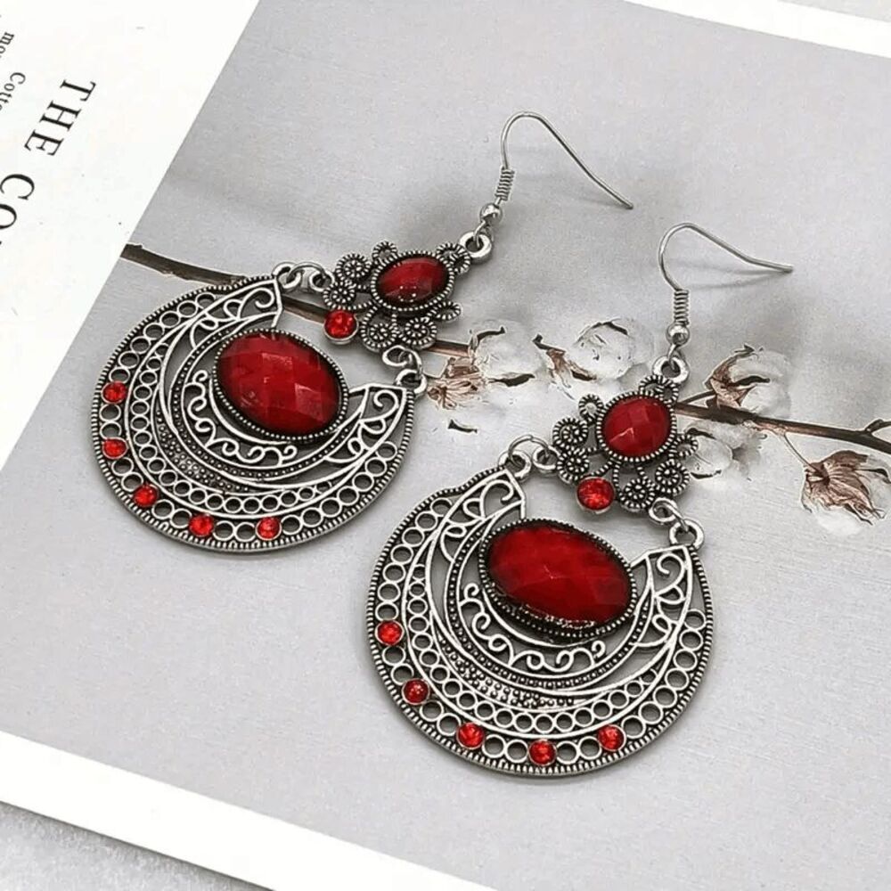 Boho Filigree Ruby Dangle Earrings
